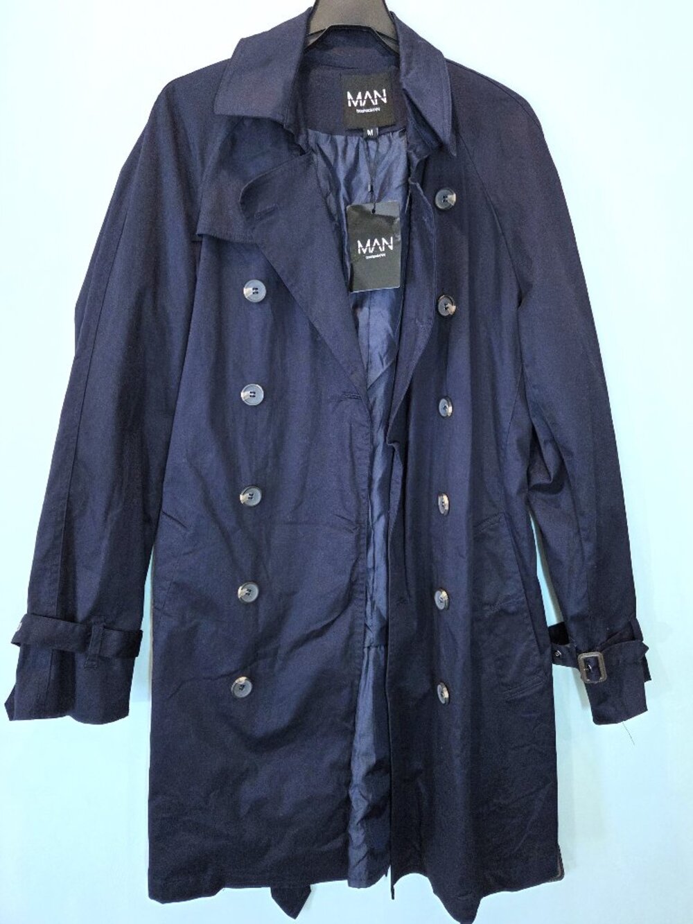 NWT boohooMAN Navy Blue Double Breasted Trench Coat Size M